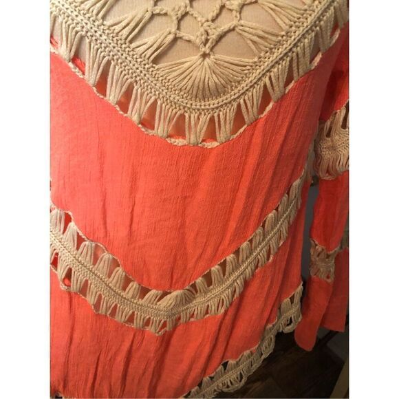 Umgee Boho Stretch Knit Tunic with Lacy Crochet Trim Coral size S - Picture 15 of 15
